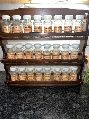 WHAT A FIND!  Vintage Wooden 3-Tier Spice Rack 24 white -Lidded Glass Jars -
